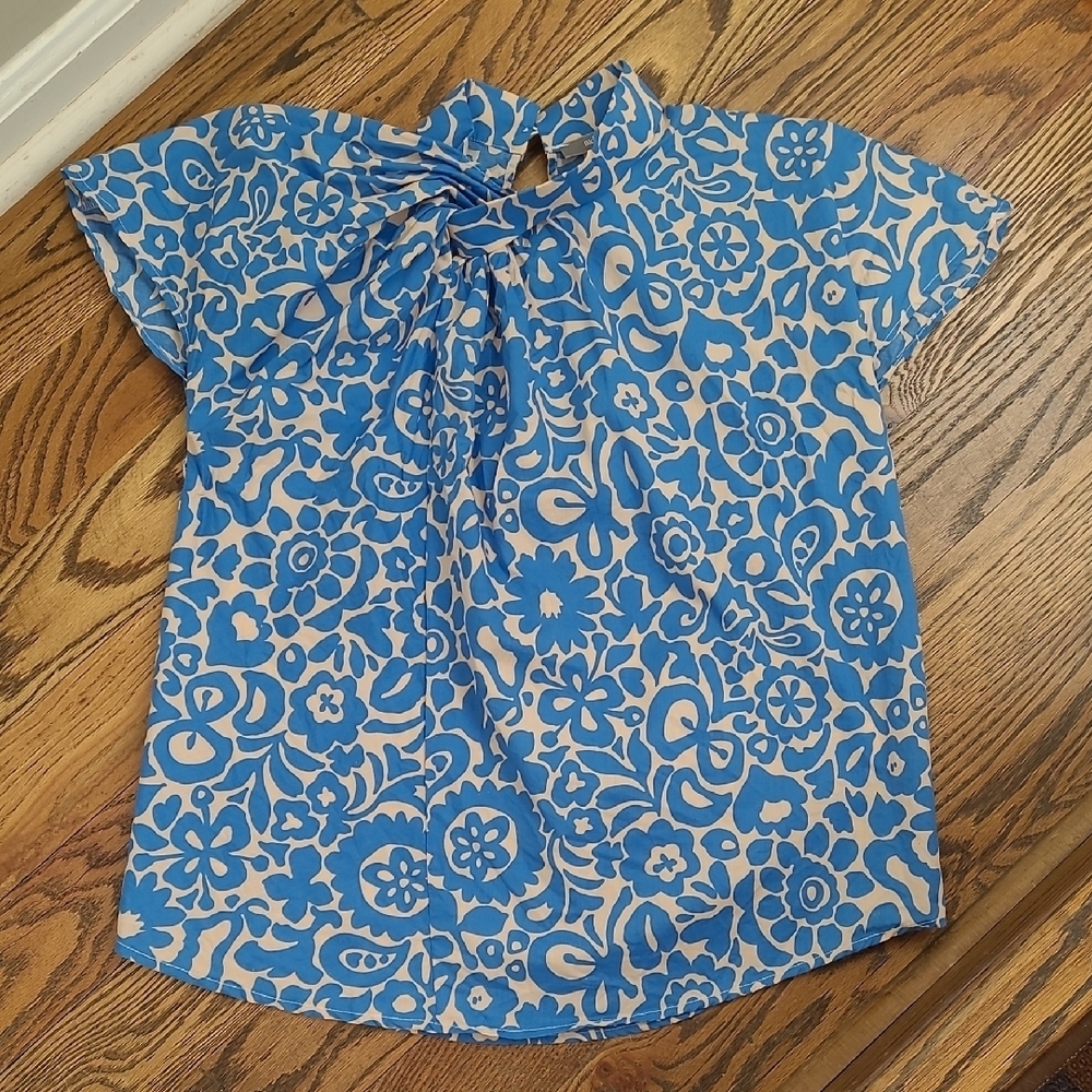 Anthropologie Blue Tassel Floral Blue Top Size XS